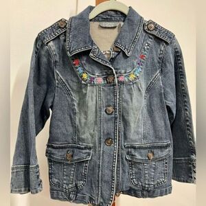 Motto‎ Vintage Women’s Jean Denim Jacket Size XS Button Front Embroidered Floral